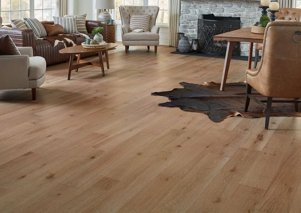 Pergo hardwoo flooring on a beige/brown living room setting